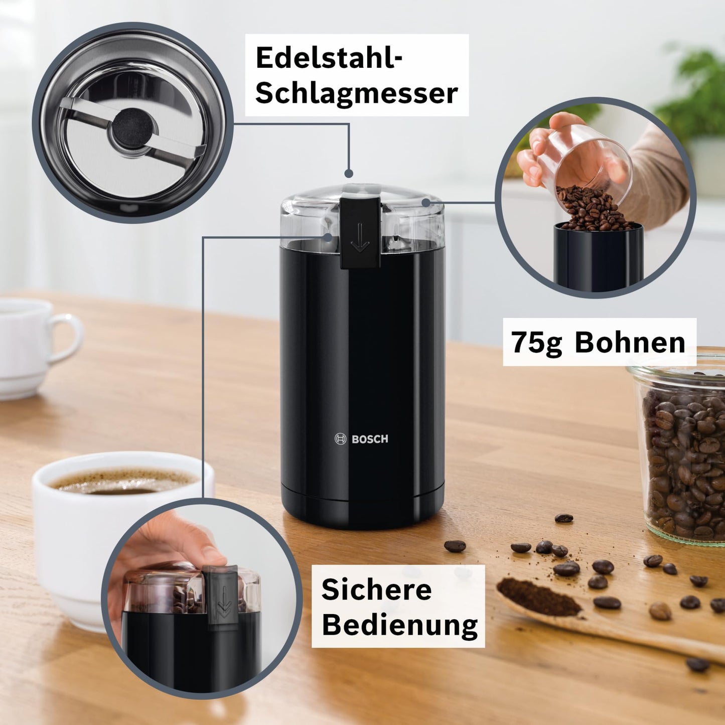 Bosch Elektrische Kaffeemühle (TSM6A013B): Edelstahl-Schlagmesser, 180W, 75g Bohnenbehälter