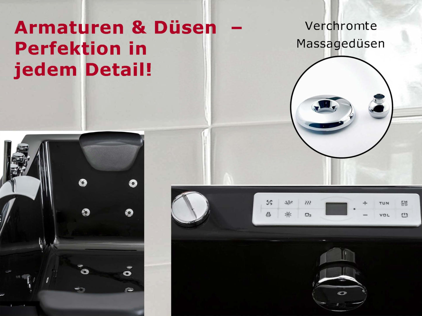 Luxus Whirlpool Badewanne Relax Profi in Schwarz mit Armaturen: Made in Germany, LED, Bluetooth