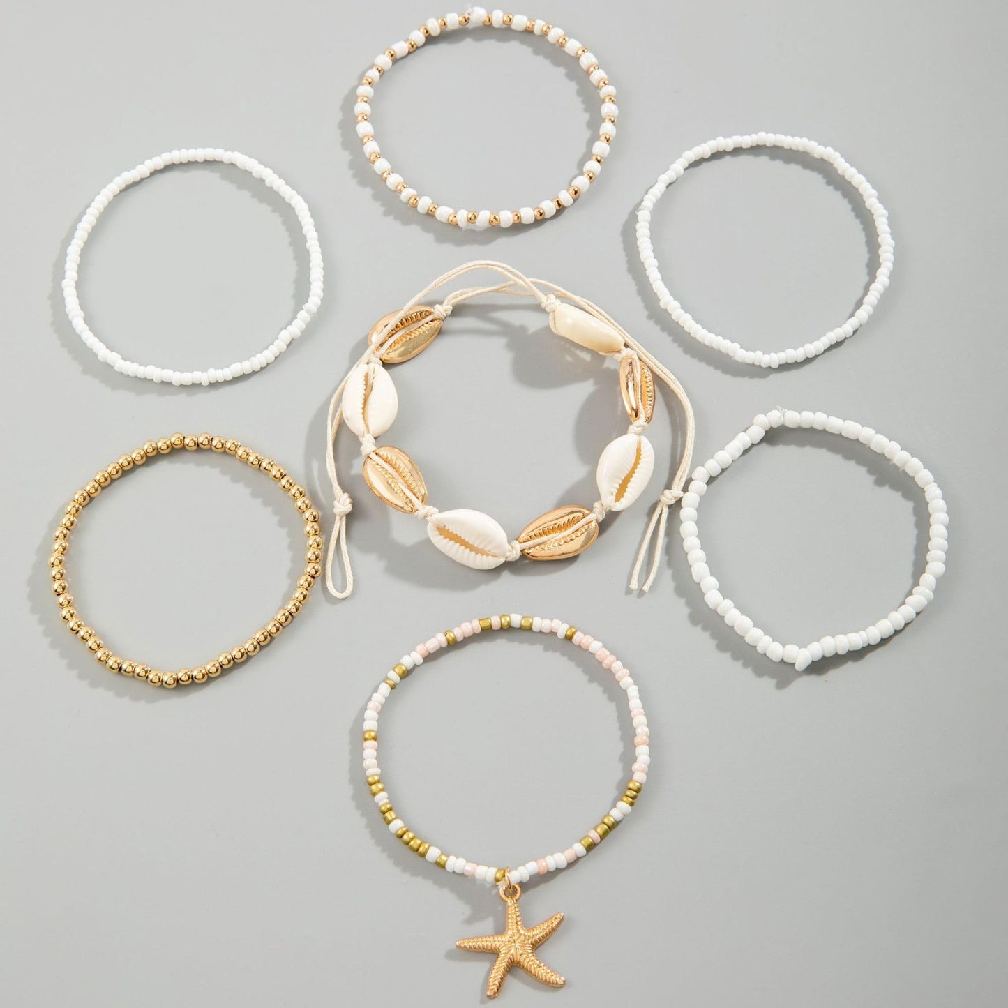 Beach bracelet for women: 7-in-1 style jewelry with starfish and shells
