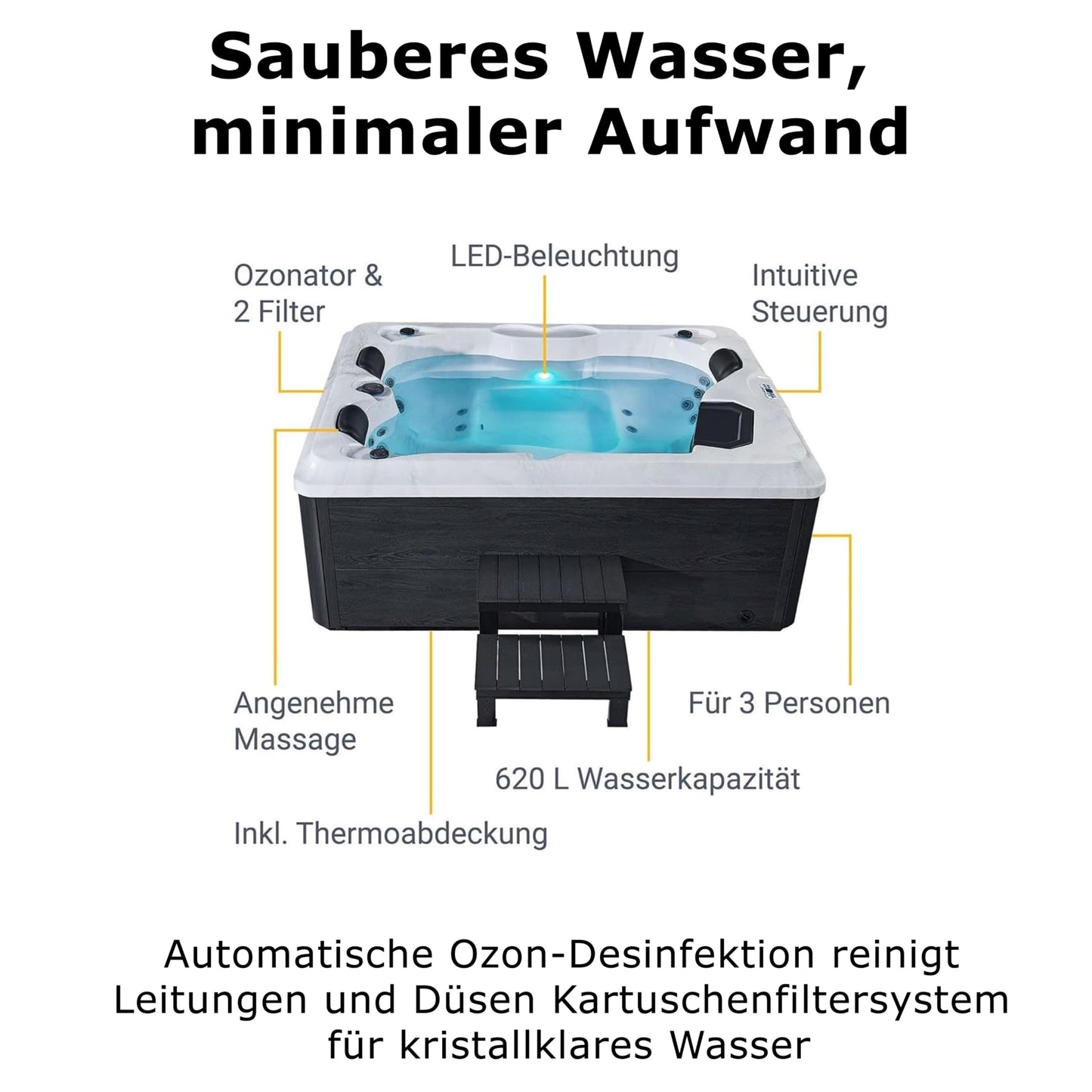 Outdoor whirlpool 'BERLIN' for 3 people including thermal cover &amp; LED: 31 massage jets