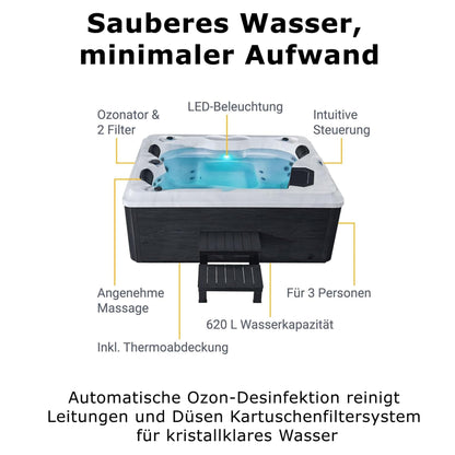 Outdoor whirlpool 'BERLIN' for 3 people including thermal cover &amp; LED: 31 massage jets