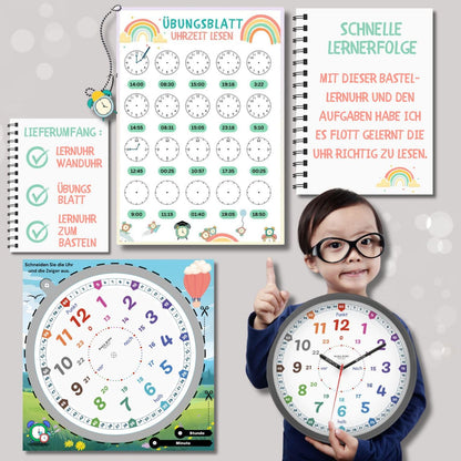 Bada Bing Montessori wall clock for children with shatter-proof acrylic glass panel: learning clock without ticking noises