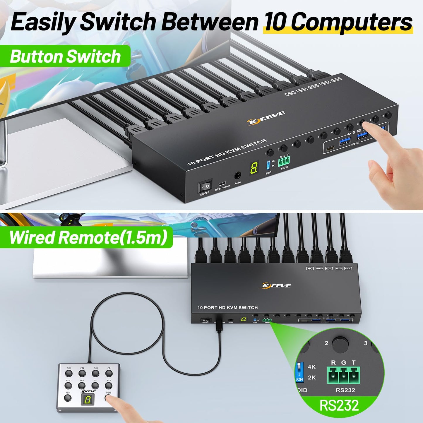 MLEEDA 10-Port HDMI KVM Switch: Professionelle Kontrolle für mehrere PCs mit nur einem Monitor