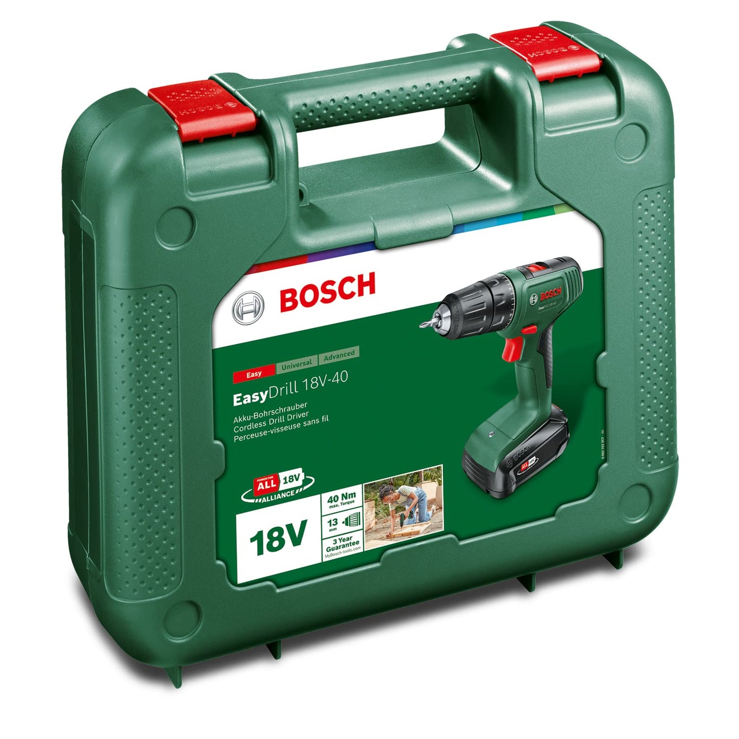Bosch EasyDrill 18V-40 Akkuschrauber mit 2-Gang-Getriebe, 20 Drehmomentstufen und Ladegerät