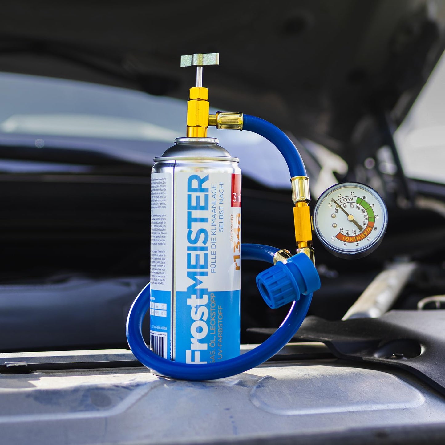 FrostMEISTER 3-in-1 car air conditioning refill kit for R134a (2x 400ml cans &amp; hose with pressure gauge)