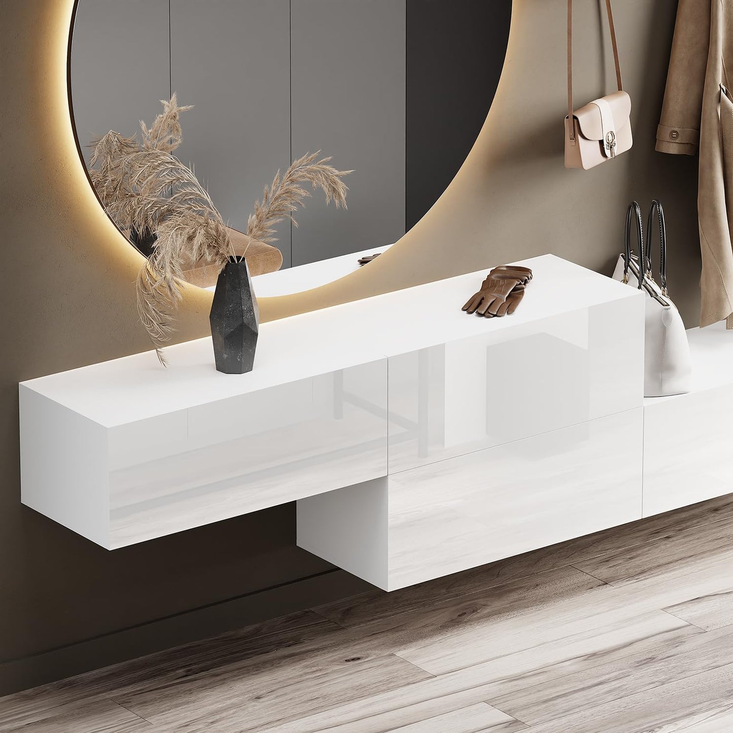 Planetmöbel hallway wardrobe (2x160cm) including round mirror with lighting (100cm) in white