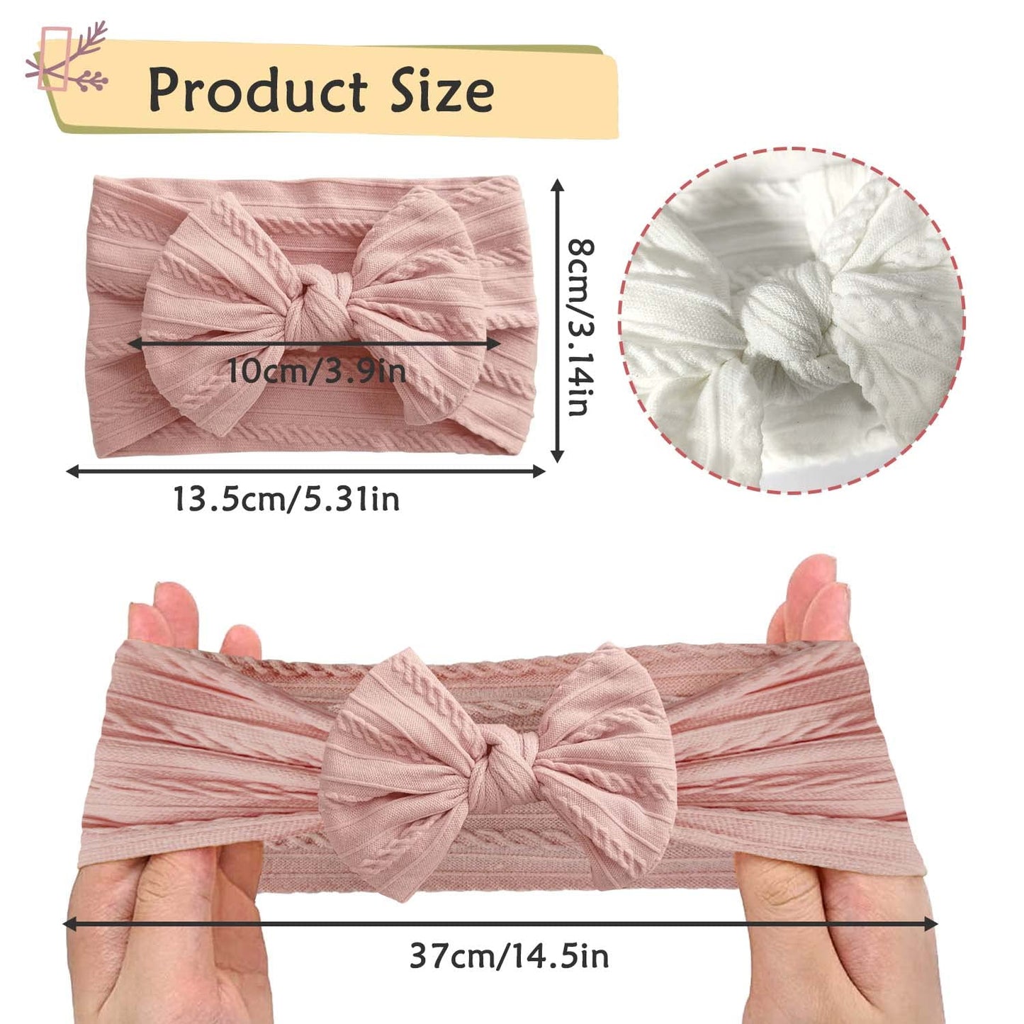 Baby Girl Turban Elastic Headband Bow (Set of 2 in Pink and White)