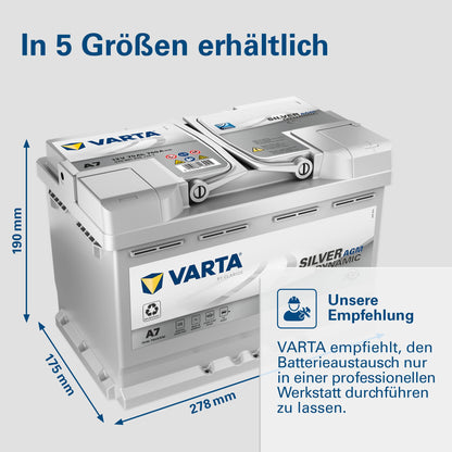 VARTA Silver Dynamic AGM starter battery A7 (E39): 12V-70Ah-760A for cars with high energy requirements
