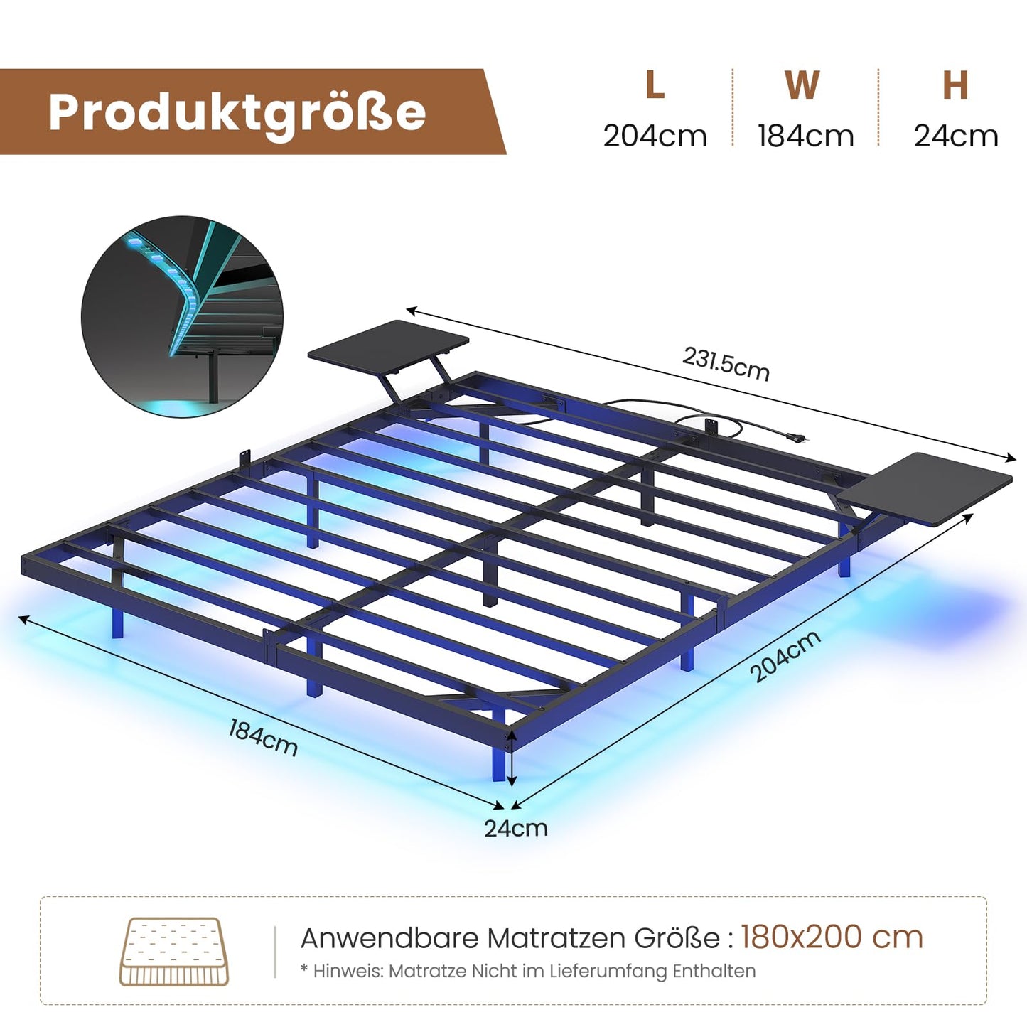 Metal bed frame (180x200cm) with LED lighting and charging station &amp; slatted frame | Without mattress