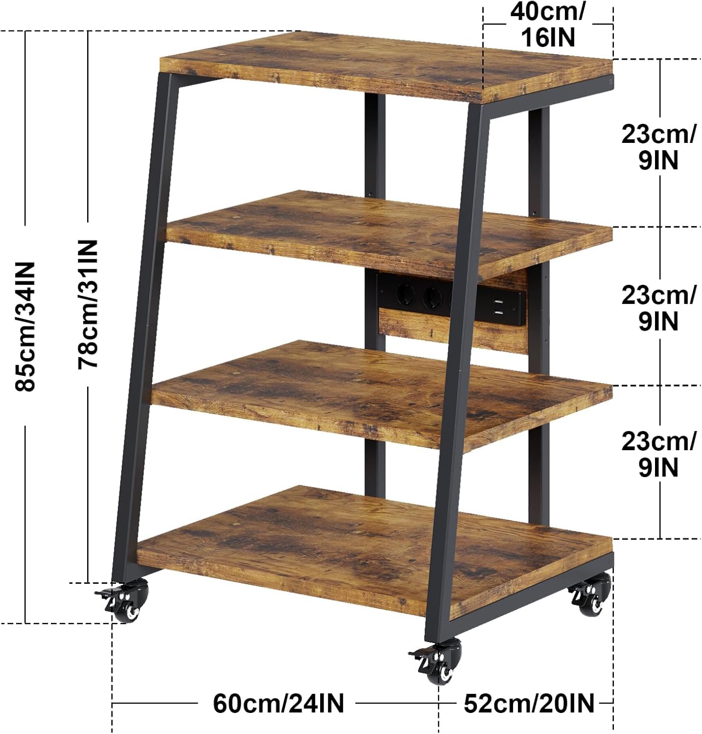 4-stufiger HiFi-Regal mit Rädern, Steckdosenleisten & LED-Leuchten für Stereoanlagen, TV