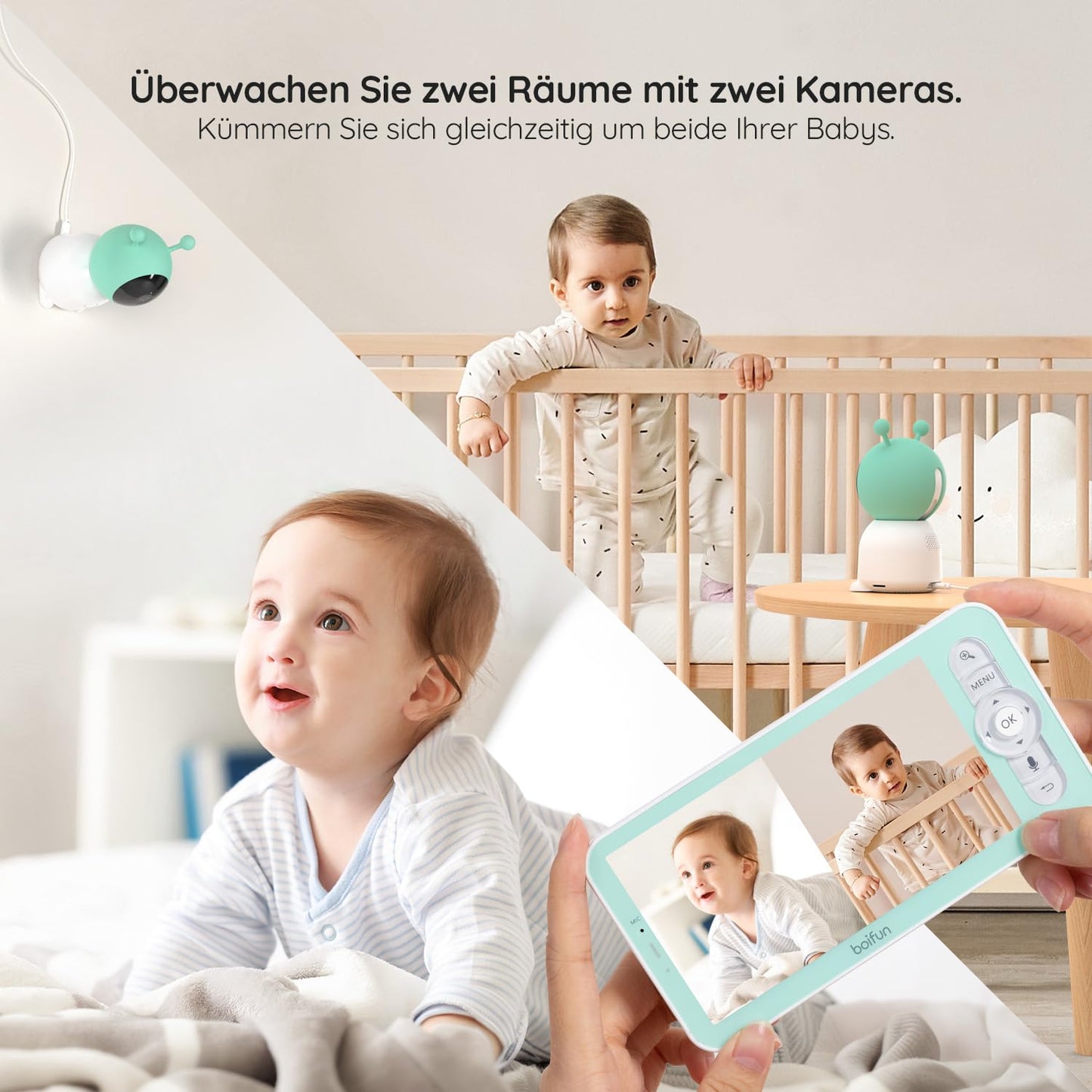 BOIFUN Babyphone mit 2 Kameras & App-Steuerung: 2K-HD, 4×Zoom, Geräuscherkennung
