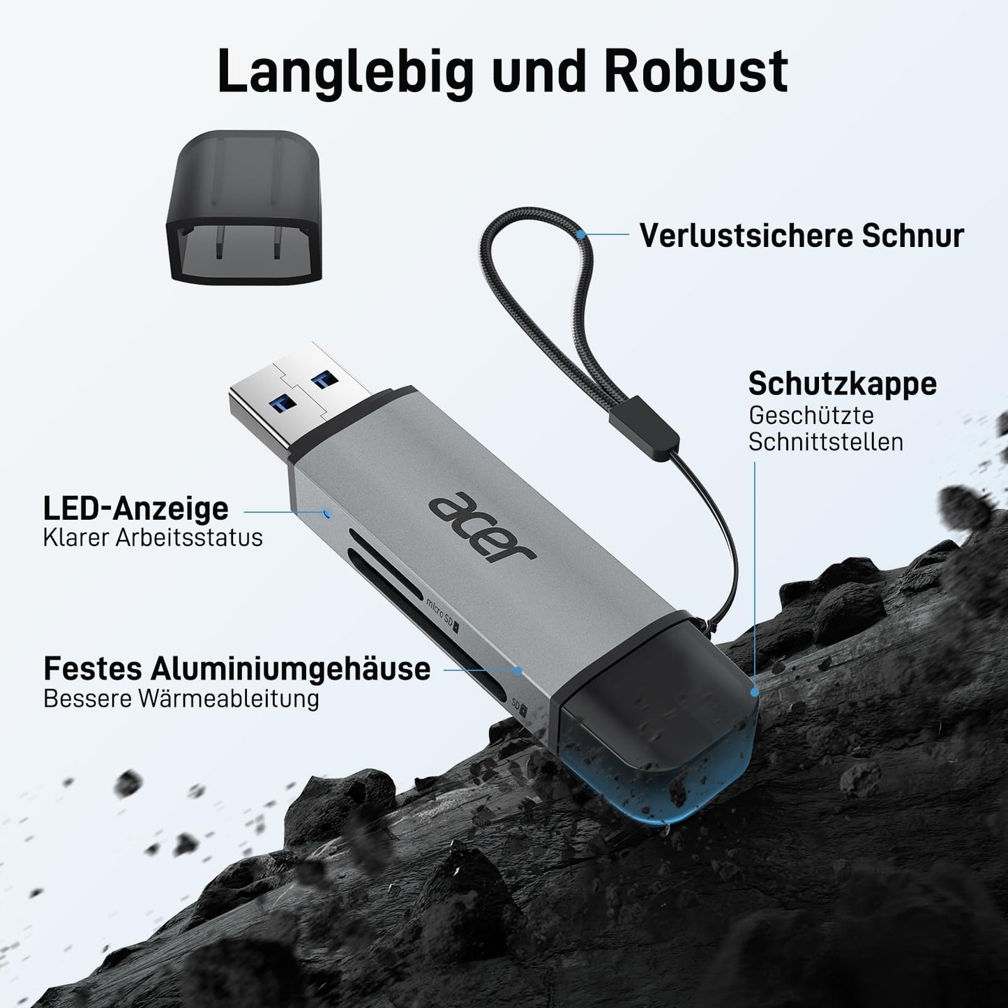 acer USB-C, USB 3.0 Kartenleser | Dual-Slot SD/microSD Adapter für PC, Mac, Smartphone
