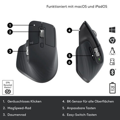 Logitech MX Master 3S: Kabellose Performance-Maus mit ultraschnellem Scrollen (Leise-Klick)