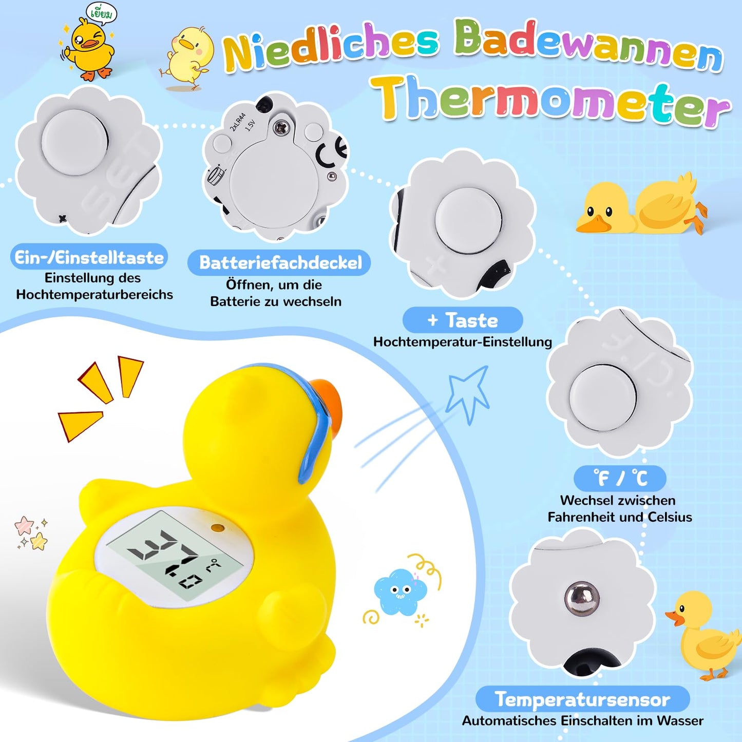 Bade- und Raumtemperaturthermometer für Neugeborene mit LED-Anzeige