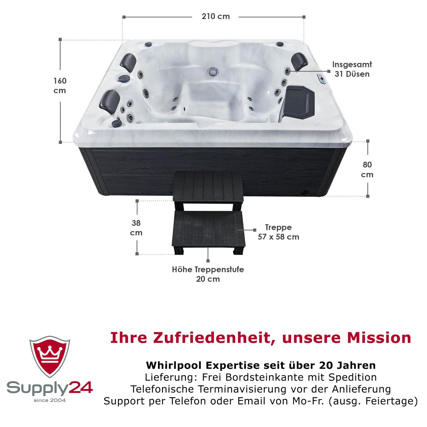 Outdoor whirlpool 'BERLIN' for 3 people including thermal cover &amp; LED: 31 massage jets