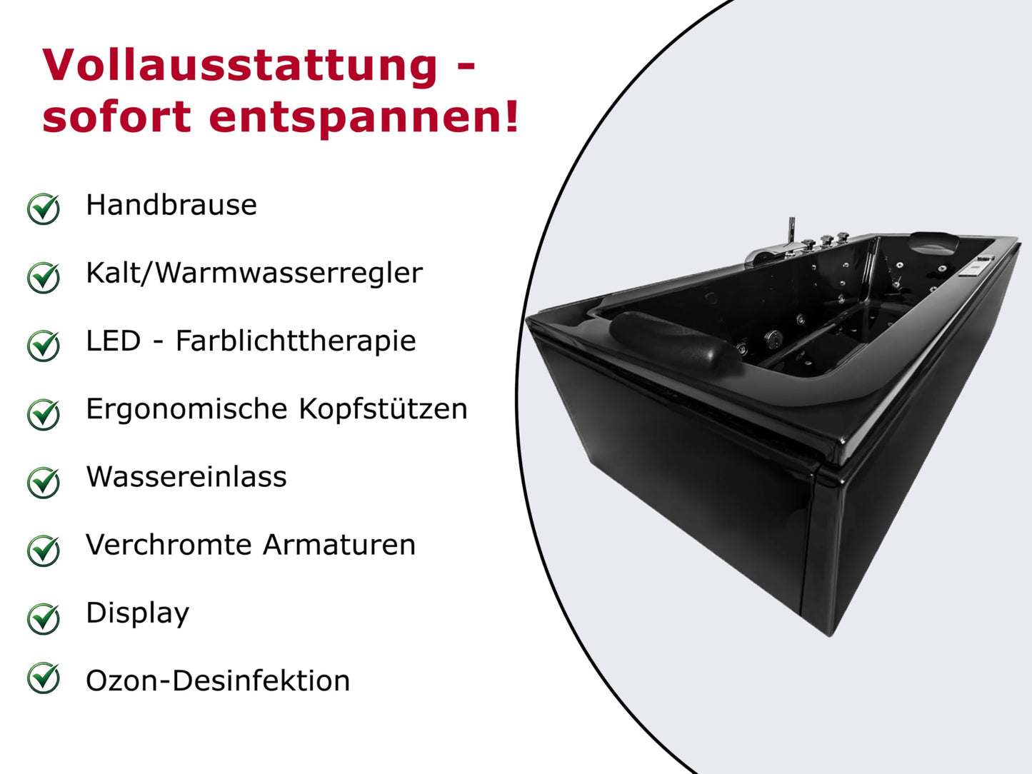 Luxus Whirlpool Badewanne Relax Profi in Schwarz mit Armaturen: Made in Germany, LED, Bluetooth