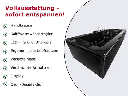 Luxus Whirlpool Badewanne Relax Profi in Schwarz mit Armaturen: Made in Germany, LED, Bluetooth