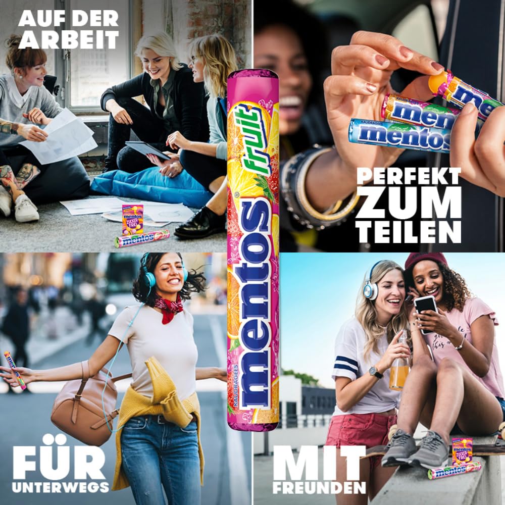 Mentos Fruit Dragees, Frucht-Bonbons mit Orange, Zitrone, Erdbeere, Kaubonbons mit fruchtigem Geschmack, Süßigkeiten Multipack (40 Rollen), vegan