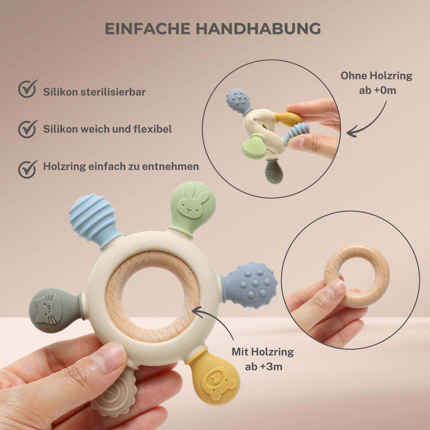 Baby teether for teething aid made of silicone &amp; wood: BPA-free, safe toy