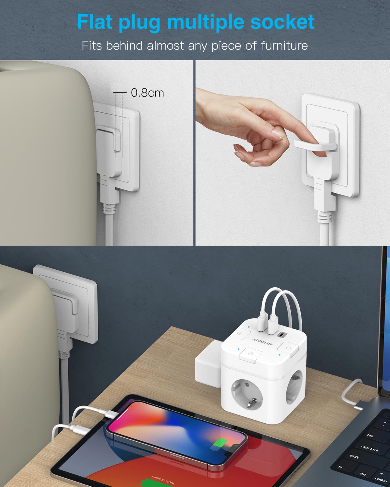 6-in-1 Steckdosenwürfel (2m Kabel) mit USB-C: Einzeln Schaltbar für Büro, Haus, Reisen