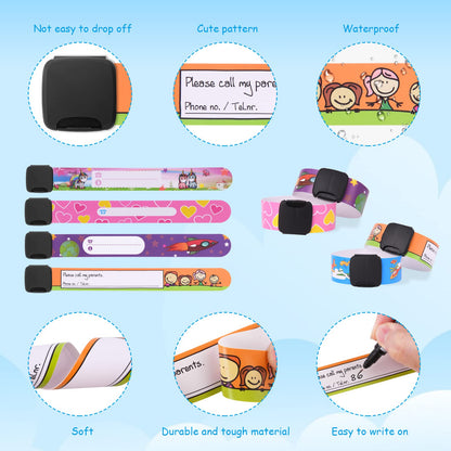 SOS Notfall-ID Armband für Kinder (6 Stück) mit 1 Marker Stift: Wiederverwendbar