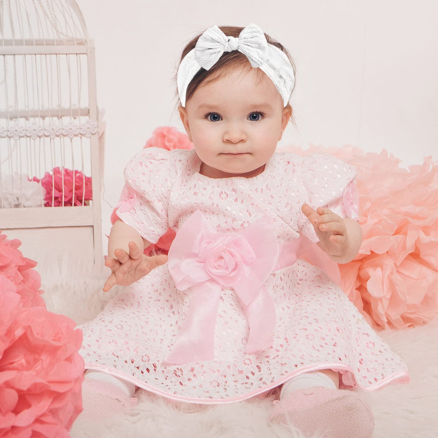 Baby Girl Turban Elastic Headband Bow (Set of 2 in Pink and White)
