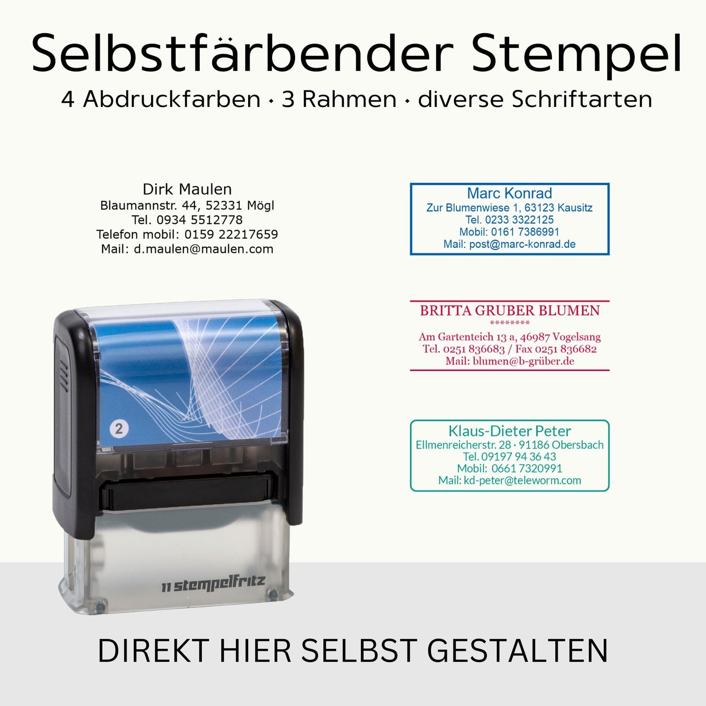 stempelfritz personalisierter Firmenstempel mit Gehäuse in Schwarz-Blau