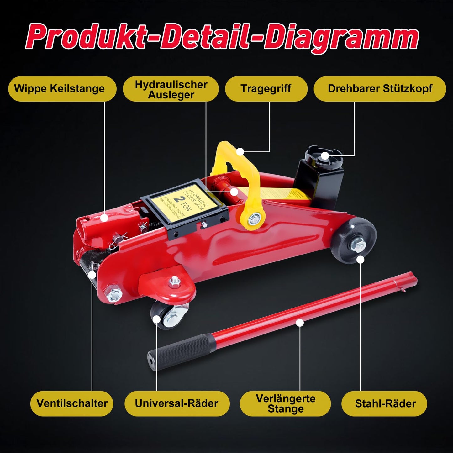 Hydraulik-Wagenheber mit hydraulischer Kolben-Schnellhubpumpe | 1.5 Tonnen Kapazität