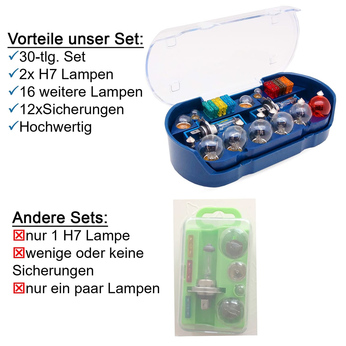 bemiX Auto Ersatzlampen-Set H7 30-tlg mit Autosicherungen im Ordnungsbox