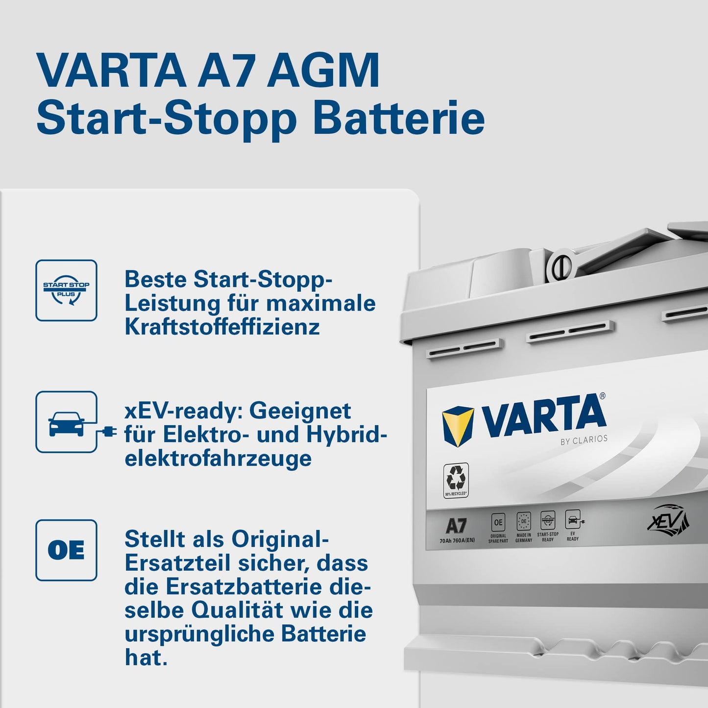 VARTA Silver Dynamic AGM starter battery A7 (E39): 12V-70Ah-760A for cars with high energy requirements