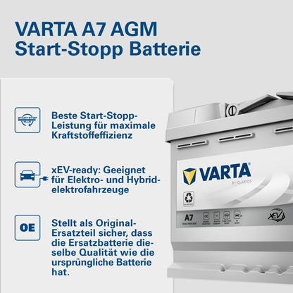 VARTA Silver Dynamic AGM starter battery A7 (E39): 12V-70Ah-760A for cars with high energy requirements
