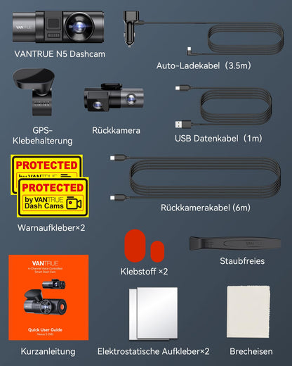 VANTRUE N5 Auto-Dashcam mit Nachtsicht: 4 Kanal, 2.7K, WiFi, 1080P, HDR+, GPS