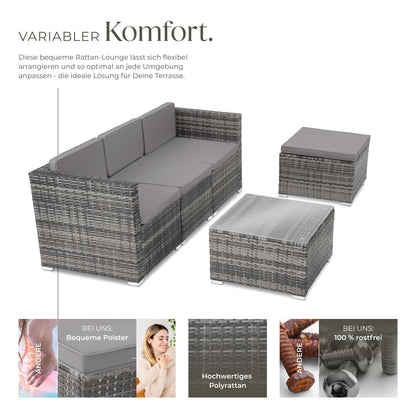tectake® Poly Rattan Lounge-Sitzgruppe mit Sofa, Sessel, Hocker und Tisch: Wetterfest
