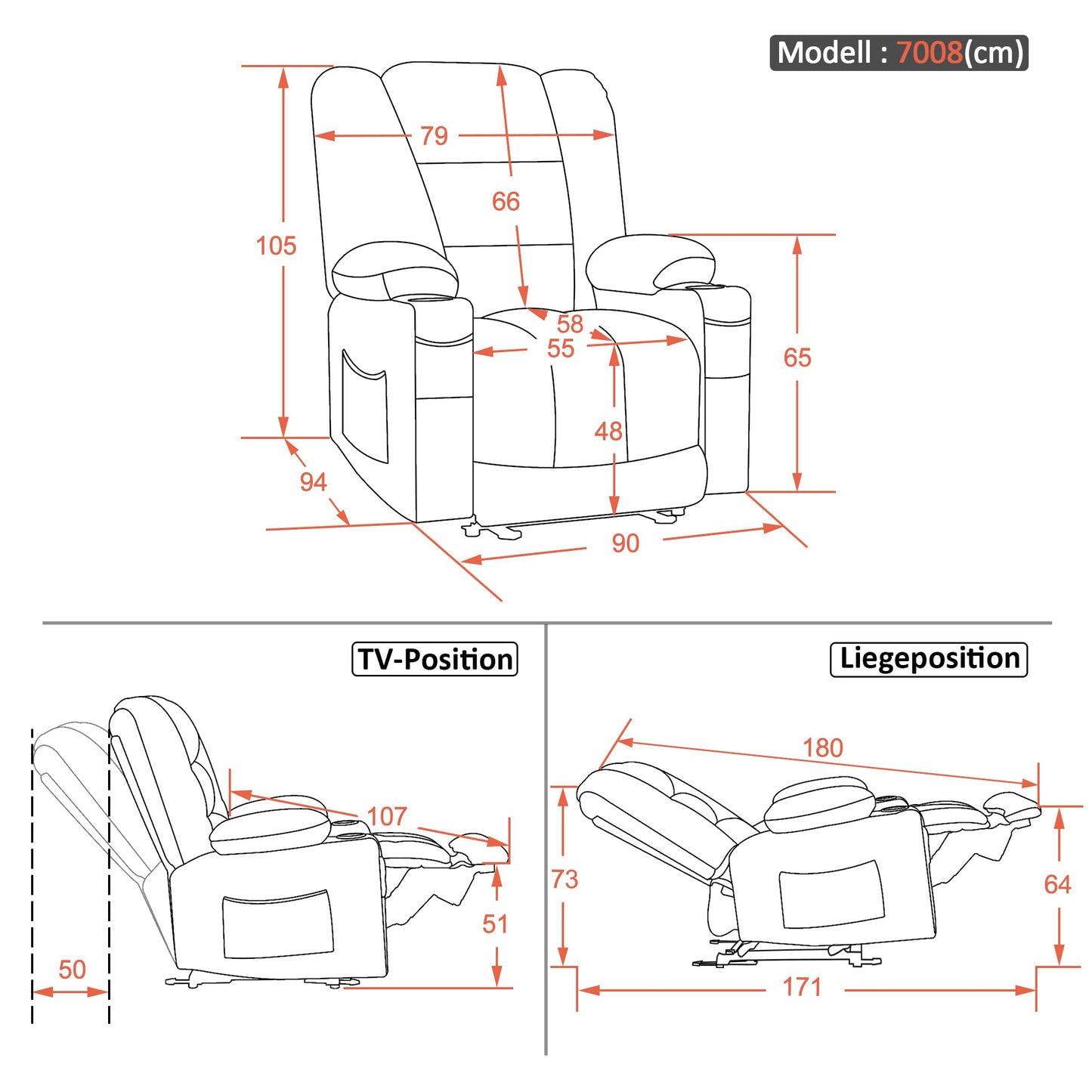 M MCombo TV recliner (7008) with reclining, massage and heat function: Electrically adjustable, USB &amp; cup holder in grey