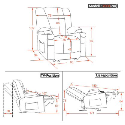 M MCombo TV recliner (7008) with reclining, massage and heat function: Electrically adjustable, USB &amp; cup holder in grey