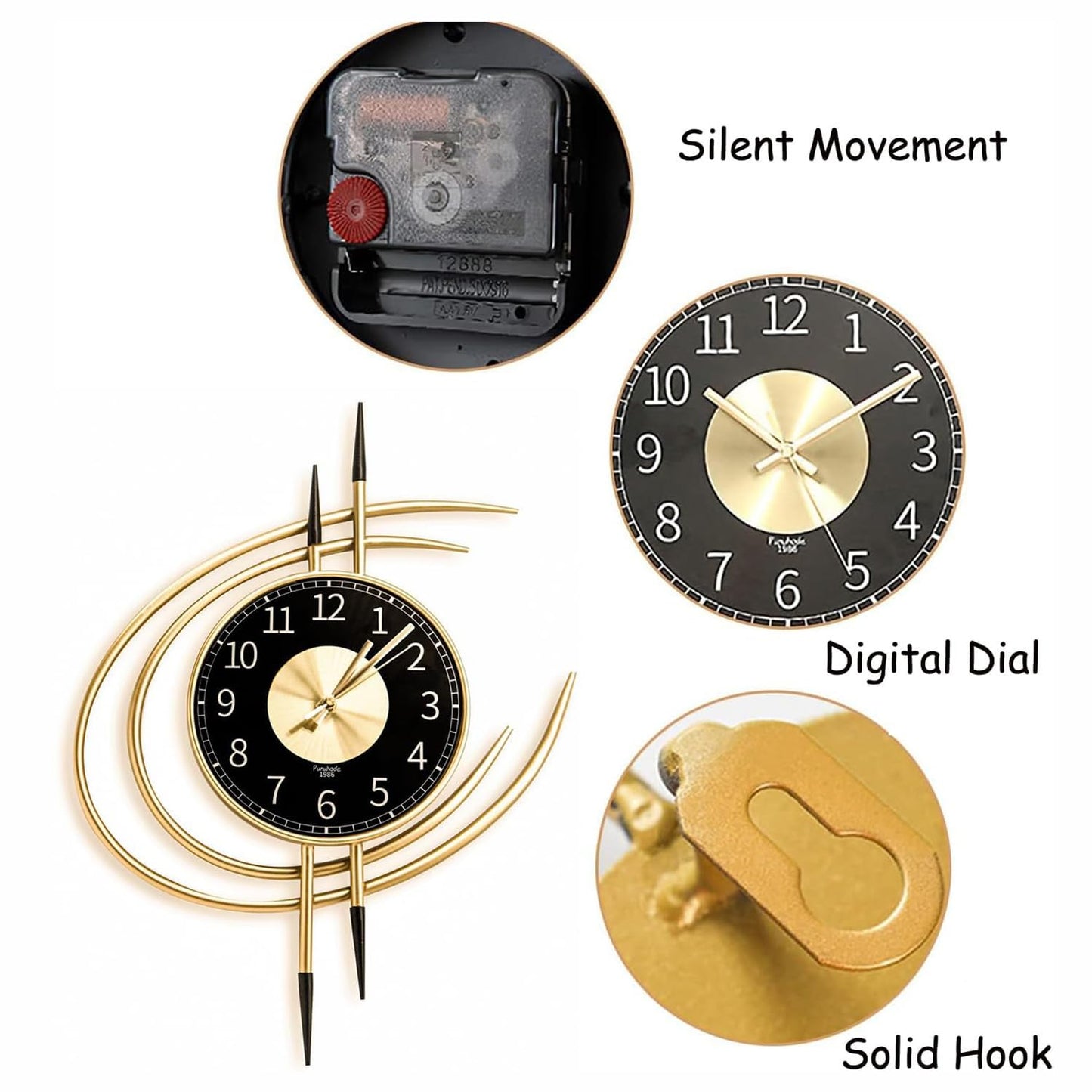 Große Moderne Dekorative-Wanduhr (54cm) ohne Tickgeräusche in Gold-Schwarz Design