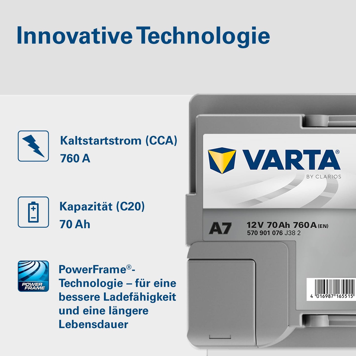 VARTA Silver Dynamic AGM starter battery A7 (E39): 12V-70Ah-760A for cars with high energy requirements