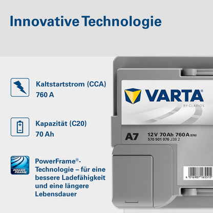 VARTA Silver Dynamic AGM starter battery A7 (E39): 12V-70Ah-760A for cars with high energy requirements