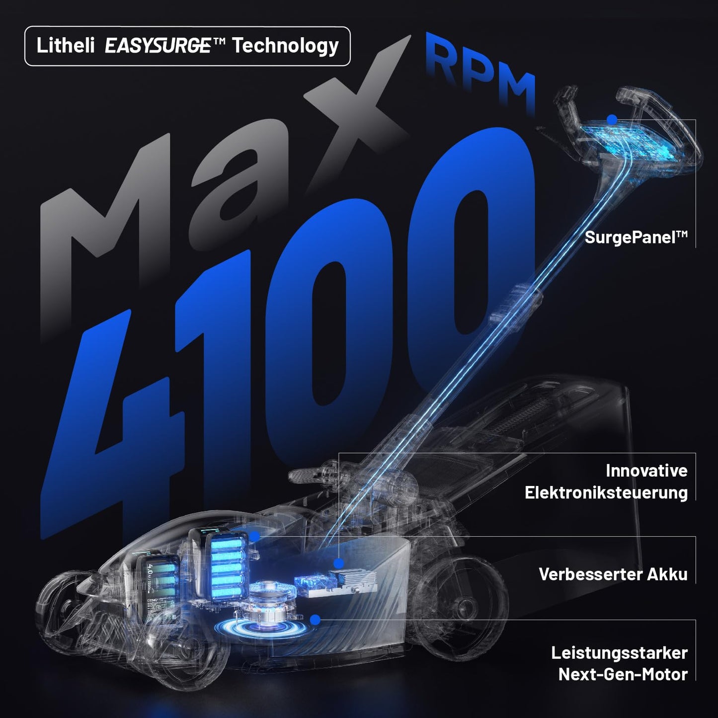Litheli Easysurge Akku Rasenmäher inkl. 2x4,0Ah Akkus: Selbstfahrend (2,2-4,7 km/h), Bürstenloser Motor