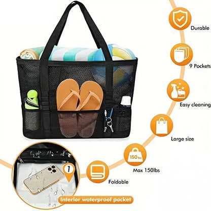 Große Netz-Strandtasche mit Taschen & Reißverschluss für Strand, Urlaub, Reise