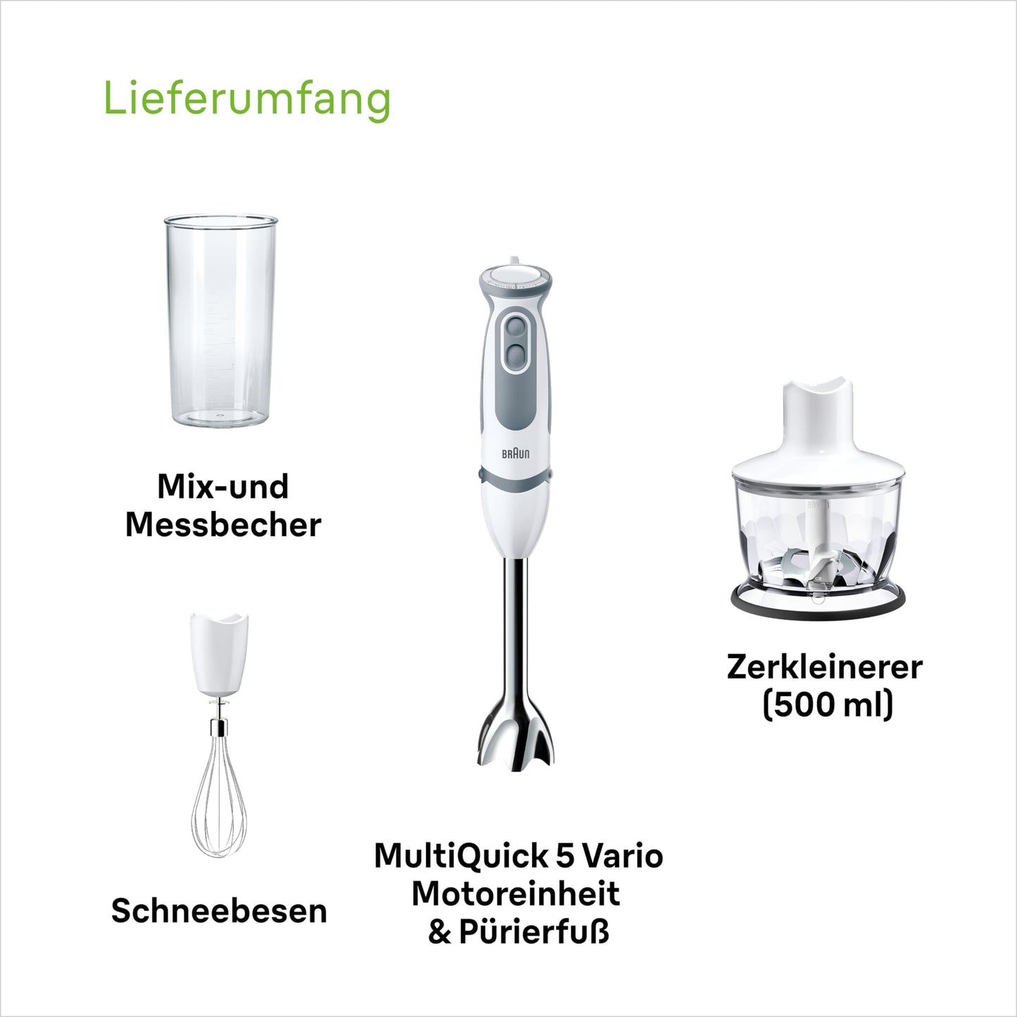 Braun Stabmixer (MQ 5235WH) mit Edelstahl Mixfuß: 1000 Watt, inkl. 3-teiligem Zubehör-Set