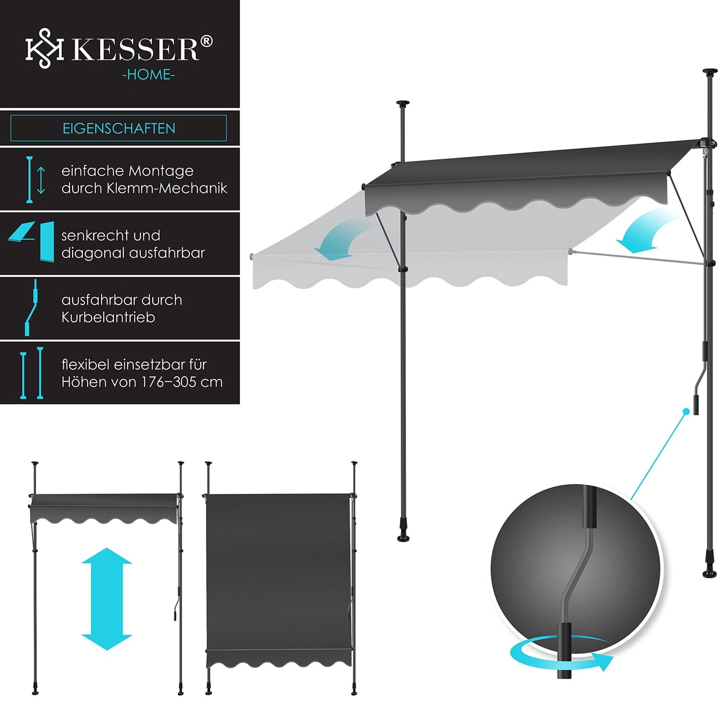 KESSER® Sonnenschutz Klemmmarkise für Balkon & etc. | Höhenverstellbar ohne Bohren (Anthrazit)