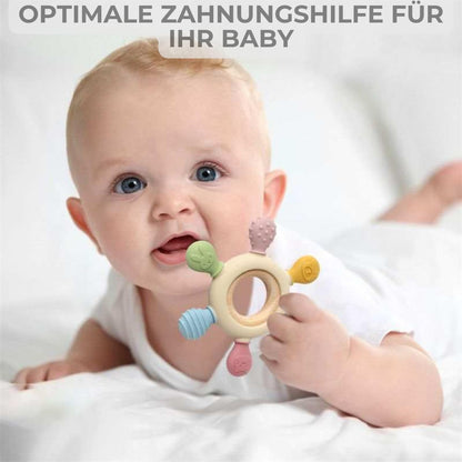 Baby teether for teething aid made of silicone &amp; wood: BPA-free, safe toy
