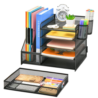 Schreibtisch Organizer mit Aktenhalter: 5-Ablagefächer mit Schublade, 2 Stifthalter (Schwarz)