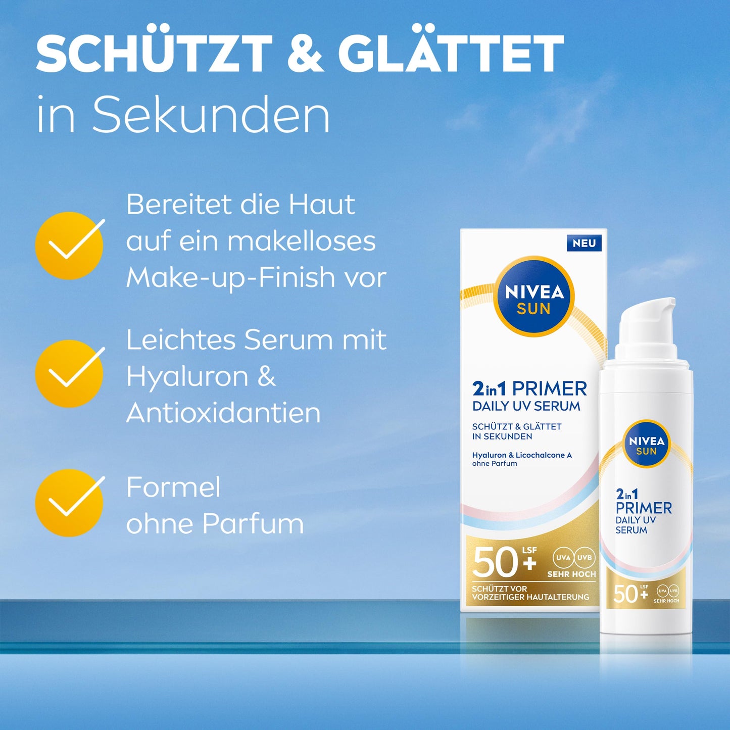 NIVEA SUN 2-in-1 Primer Daily UV-Serum LSF 50+ | Parfümfrei mit Hyaluron und Antioxidans (30ml)
