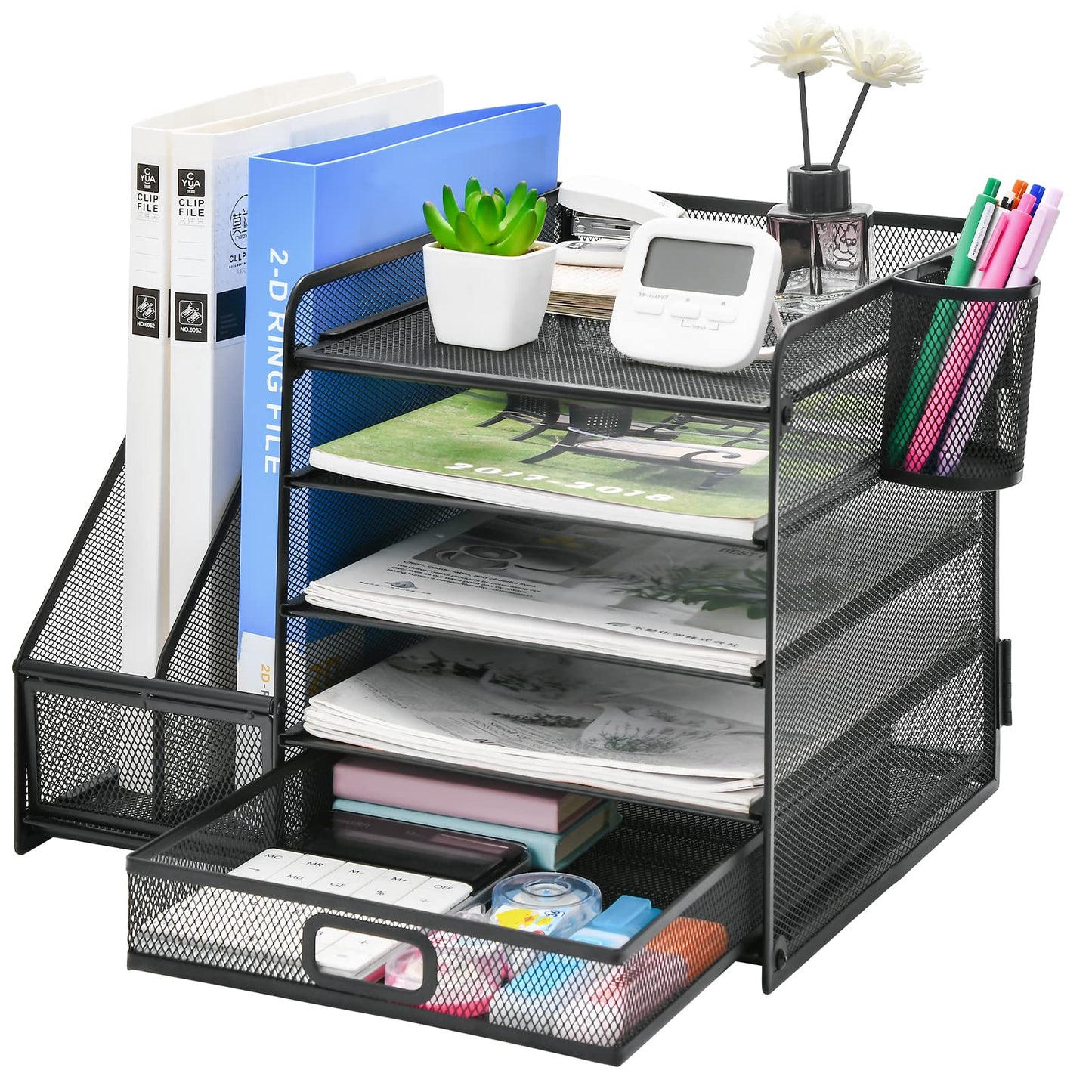 Schreibtisch Organizer mit Aktenhalter: 5-Ablagefächer mit Schublade, 2 Stifthalter (Schwarz)