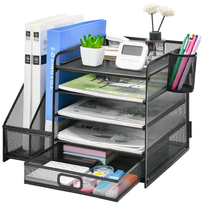 Schreibtisch Organizer mit Aktenhalter: 5-Ablagefächer mit Schublade, 2 Stifthalter (Schwarz)