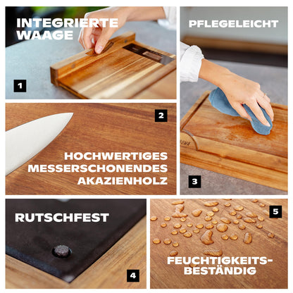 Holz-Schneidebrett mit Küchenwaage (Digital): Holzbrett Küche, Schneidebrett