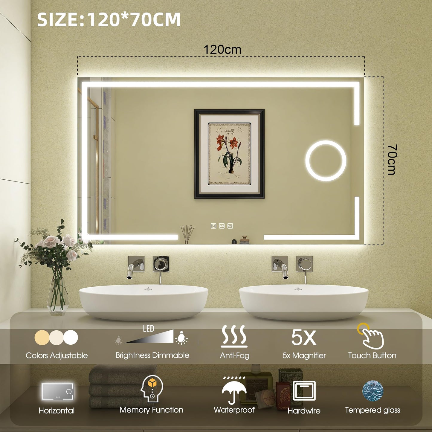 STARLEAD Badspiegel-mit-Beleuchtung 120x70cm, Badezimmerspiegel mit 5X Vergrößerungsspiegel-mit-Licht, 3 Lichtfarben, Einstellbare Helligkeit, Entfoggen, IP44 LED-Spiegel-Bad, HD Hartglas