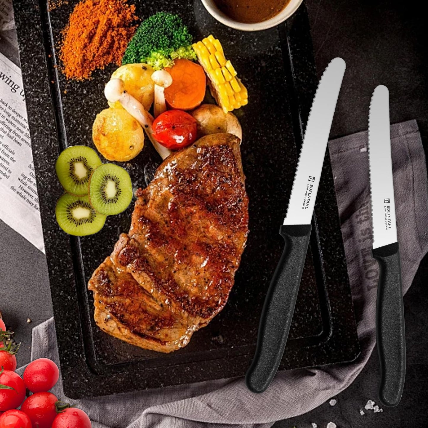 High-quality stainless steel serrated breakfast knives (6 pieces) with plastic handle: Dishwasher safe